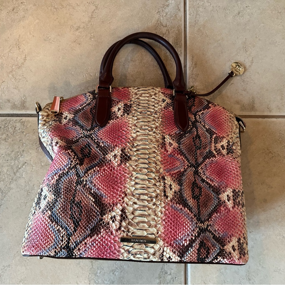 Brahmin Pink and Brown Tote with Snakeskin Print